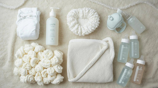 Essential baby products including bottles, diaper, lotion, towel, and pacifier on a soft surface