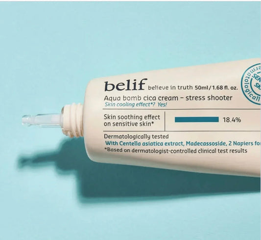 Tube of belif Aqua bomb cica cream with text highlighting skin soothing and hydration benefits