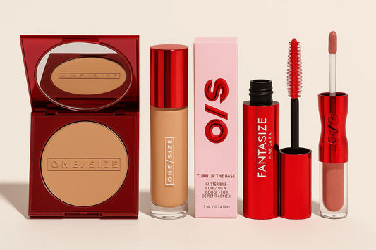 Onesize makeup set with pressed powder, liquid foundation, mascara, and lip gloss in red packaging