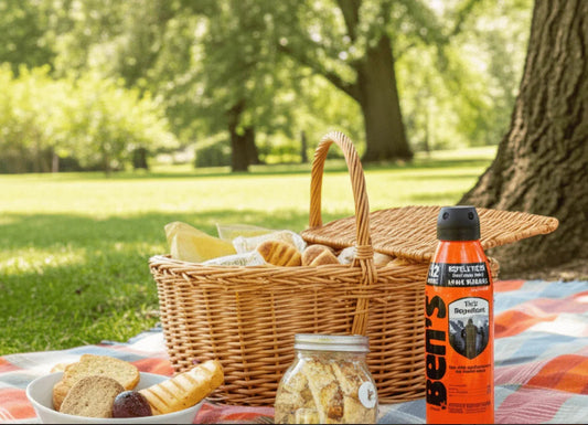 Ben's tick repellent spray and picnic basket on blanket in sunny park setting