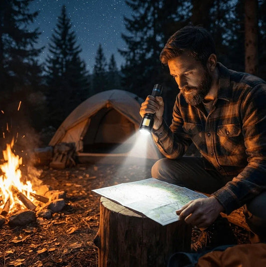 Man using a bright flashlight to read a map at a campsite beside a campfire at night.