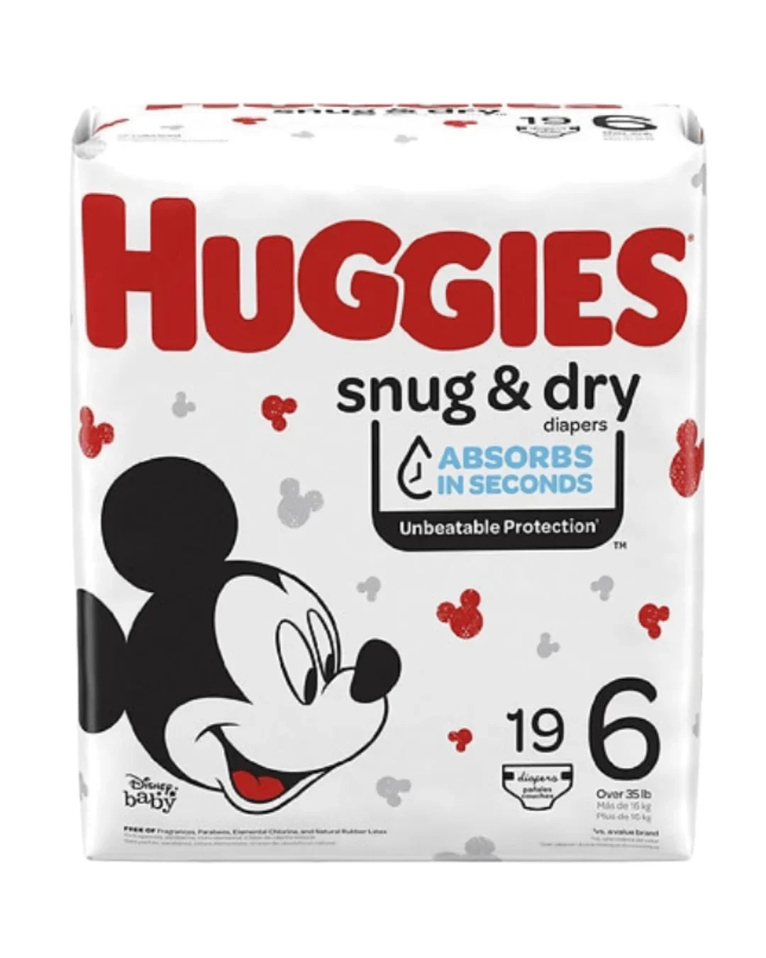 Huggies Snug & Dry size 6 diapers pack with Mickey Mouse design, 19 count, for babies over 35 lb