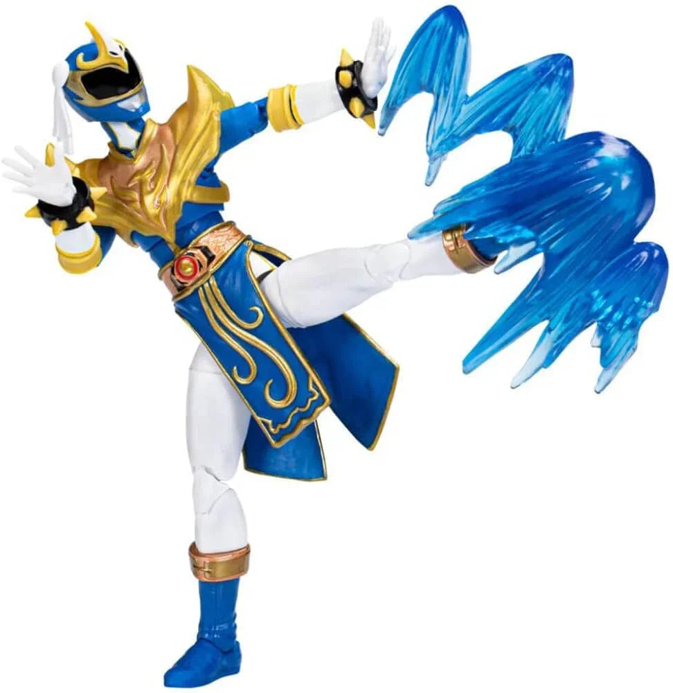 Blue and gold Power Ranger action figure in dynamic kick pose with blue energy effects
