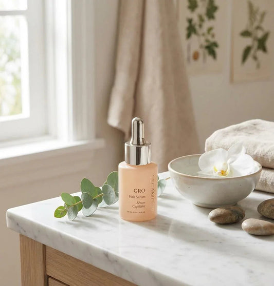 Hair serum bottle with dropper on marble counter, spa towel, bowl, orchid, and eucalyptus