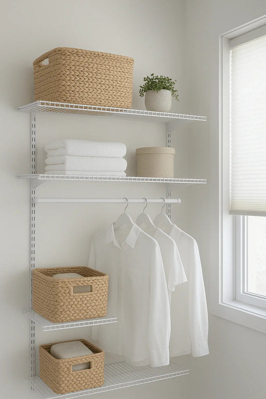 Organized closet with white wire shelving, woven baskets, towels, hanging shirts, and cordless shade