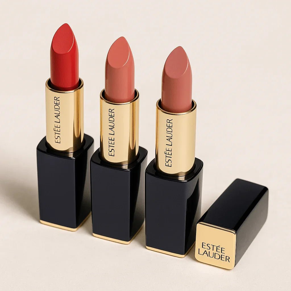 Three Estee Lauder sculpting lipsticks in red and nude shades on a light background