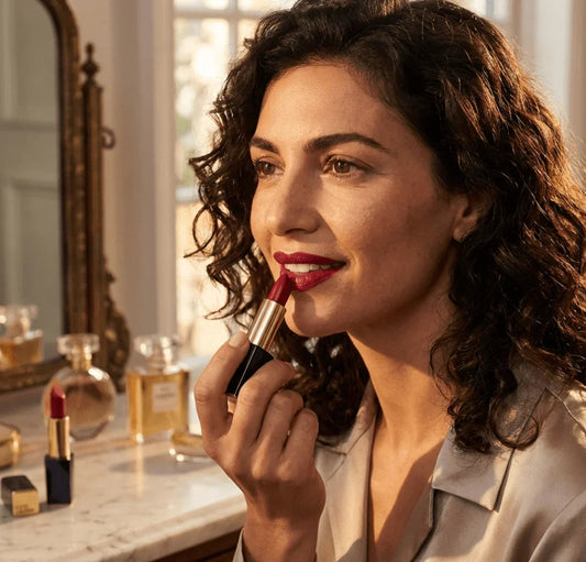 Woman applying red lipstick in front of mirror with perfume bottles on vanity.