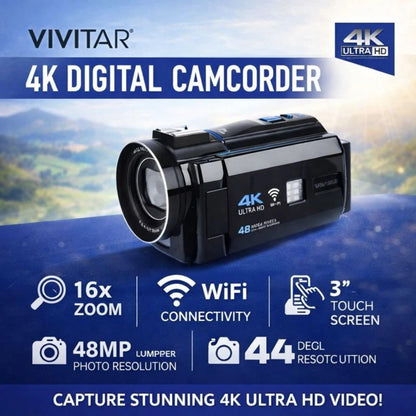 Vivitar 4K Ultra HD Digital Camcorder WiFi Touch Screen 48MP 16x Zoom 3"