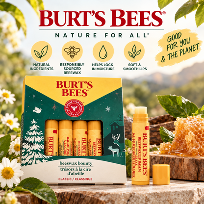 Burt's Bees Beeswax Bounty Lip Balm 4 Pcs Vitamin E Peppermint for Dry Lips