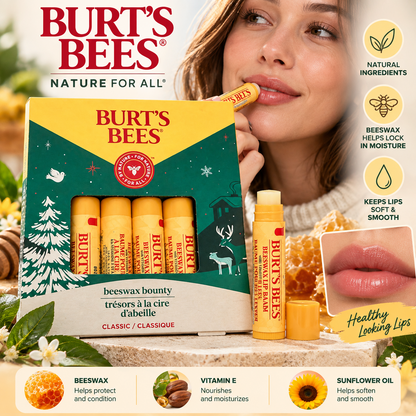Burt's Bees Beeswax Bounty Lip Balm 4 Pcs Vitamin E Peppermint for Dry Lips