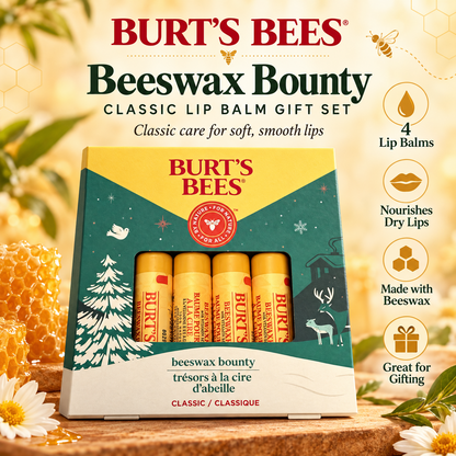 Burt's Bees Beeswax Bounty Lip Balm 4 Pcs Vitamin E Peppermint for Dry Lips