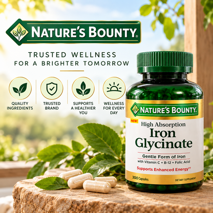 Nature's Bounty Iron Glycinate 28mg 300 Capsules Vitamin C B12 Folate
