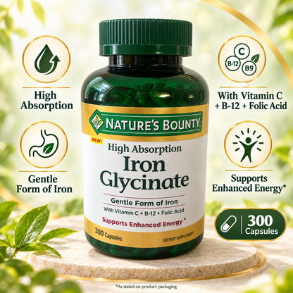 Nature's Bounty Iron Glycinate 28mg 300 Capsules Vitamin C B12 Folate