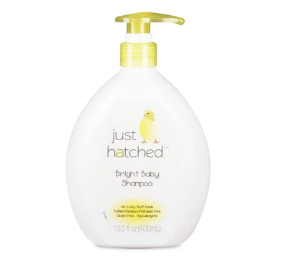 Just Hatched Bright Baby Shampoo bottle with yellow pump, gentle baby hair care