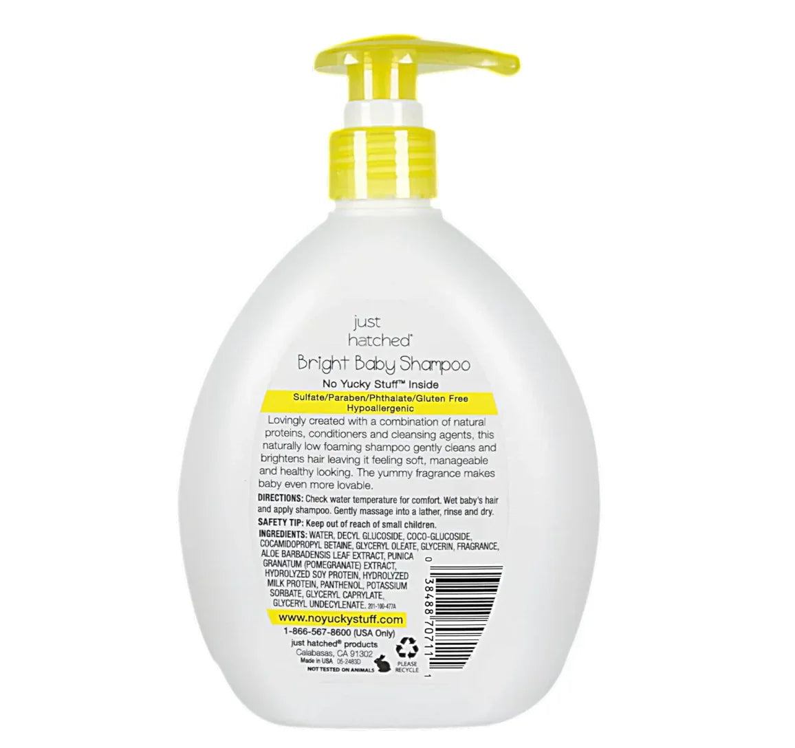 Bright Baby Shampoo bottle with yellow pump, label highlighting hypoallergenic, sulfate-free formula