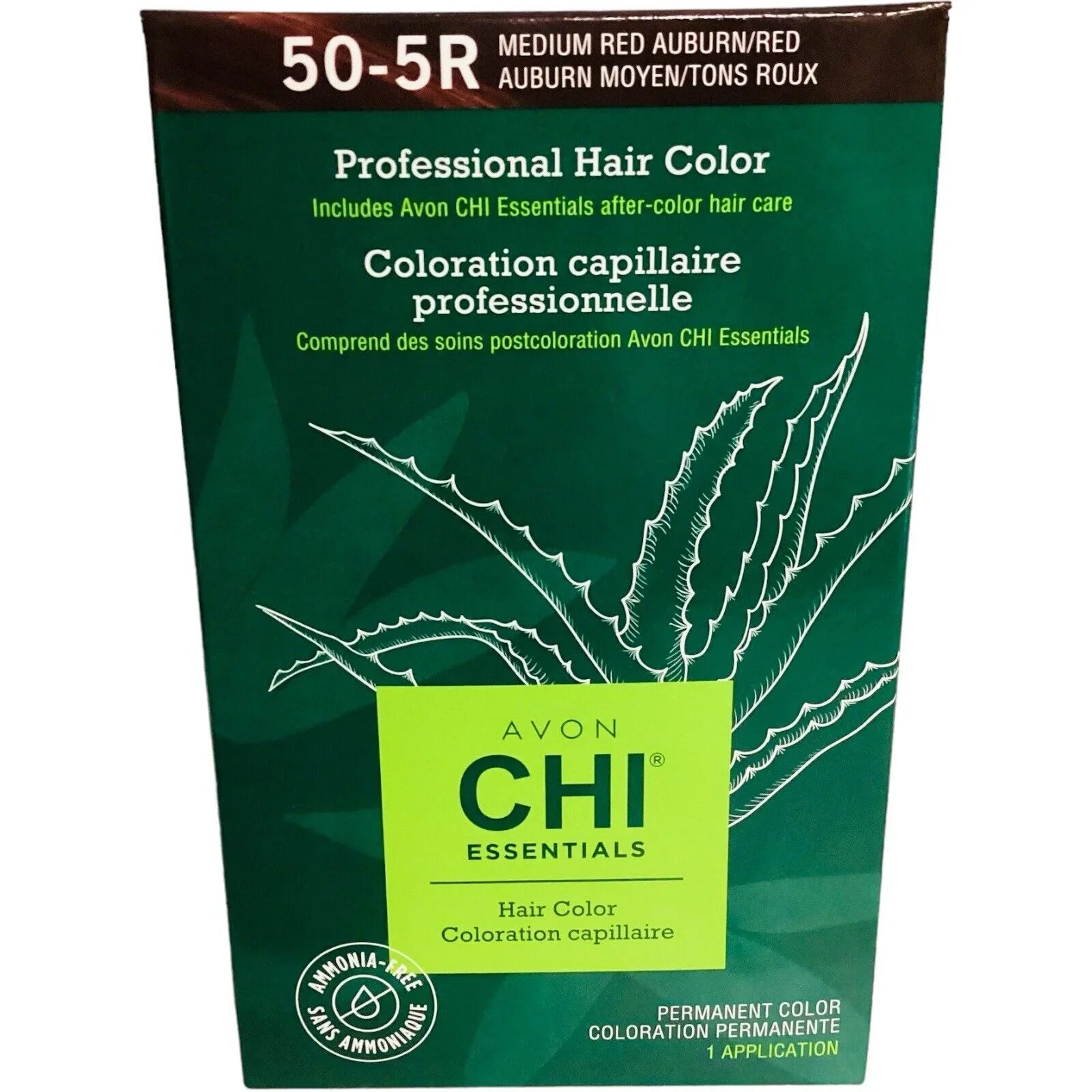 Box of Avon CHI Essentials hair color, 50-5R medium red auburn, with aloe graphic on green packaging