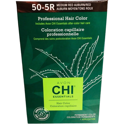 Box of Avon CHI Essentials hair color, 50-5R medium red auburn, with aloe graphic on green packaging
