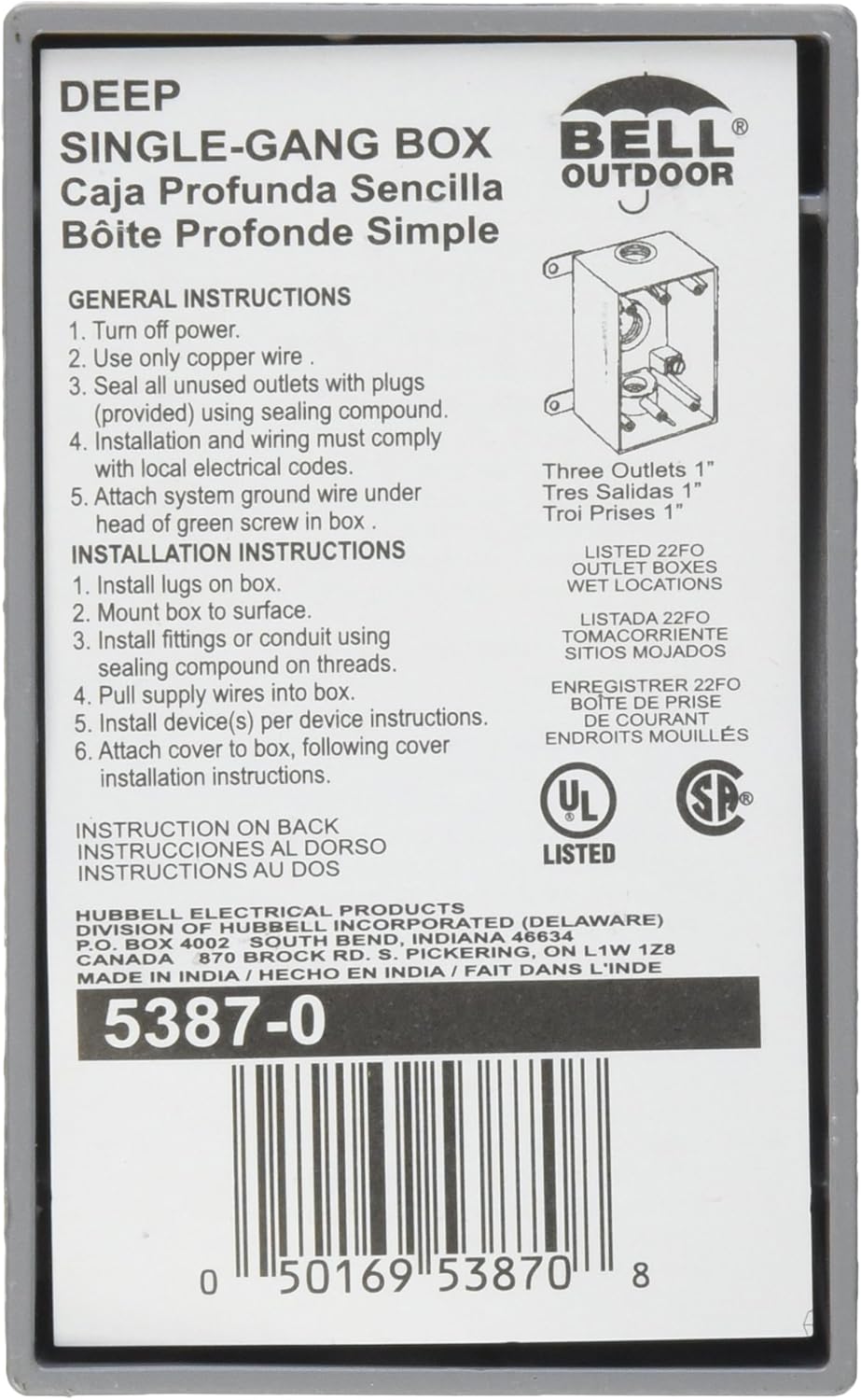 Bell 5387 - 0 Weatherproof Box, 1 In Hub, 3Inlet | Bell Box Electrical - Happy Bargain Bin