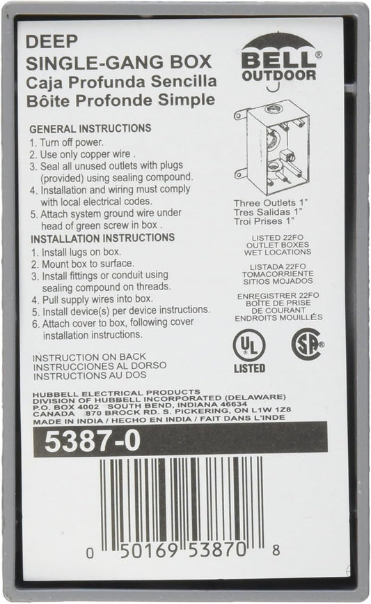 Bell 5387 - 0 Weatherproof Box, 1 In Hub, 3Inlet | Bell Box Electrical - Happy Bargain Bin