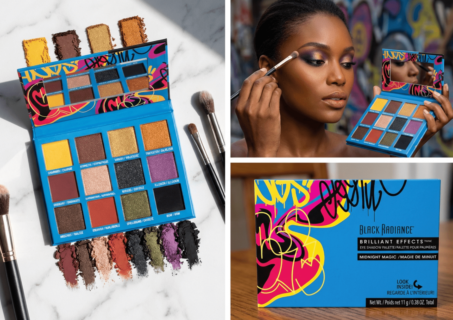 Eyeshadow palette with the model using it