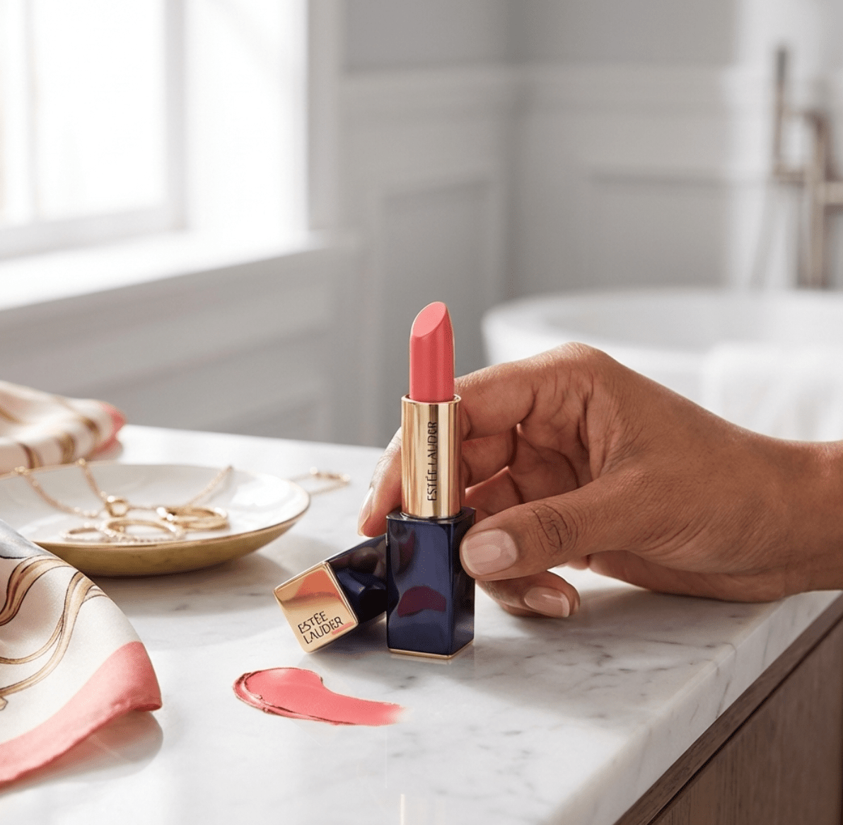 Hand holding a pink lipstick on a marble surface with a blurred background