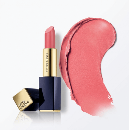 Estée Lauder lipstick with a swatch of pink color on a white background