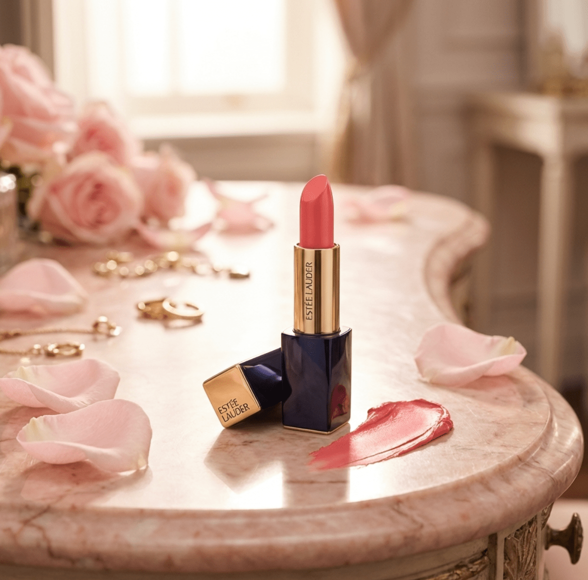 Estée Lauder lipstick on a marble table with pink roses and petals.
