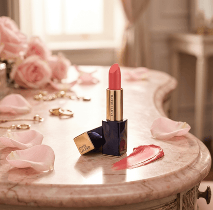 Estée Lauder lipstick on a marble table with pink roses and petals.