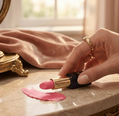 Pink lipstick swatch on marble surface with hand holding gold case lipstick