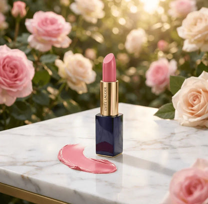 Pink Estee Lauder lipstick on marble with roses, lipstick swatch in foreground