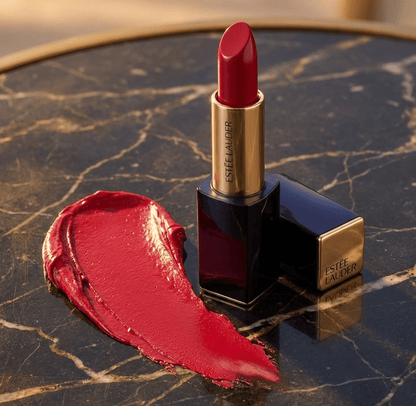 The Pure Color Envy Sculpting Lipstick in Rumor Denied 320 delivers a bold, striking red.