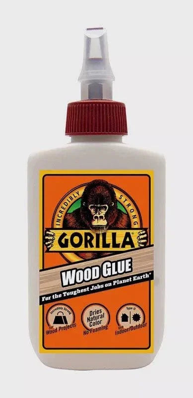 Gorilla Wood Glue 4 oz bottle with orange label, wood adhesive for furniture repair and projects