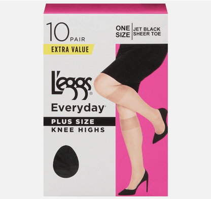 Leggs Everyday PLUS SIZE Sheer Knee High Stockings 10 PAIR | Sheer Toe Jet Black NEW!