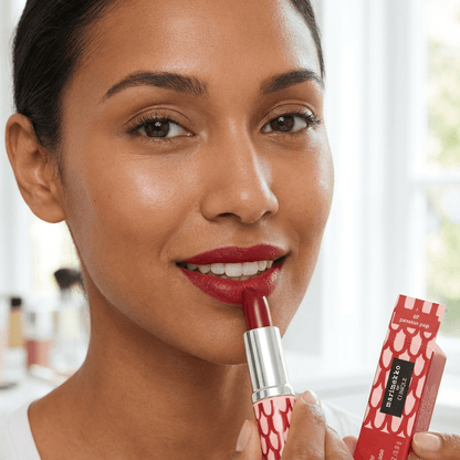 Woman applying red lipstick with a blurred background
