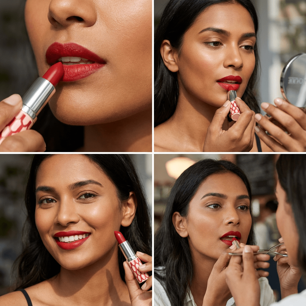 Collage of a woman applying red lipstick with close-up shots of the lipstick and her face.