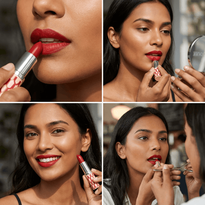 Collage of a woman applying red lipstick with close-up shots of the lipstick and her face.
