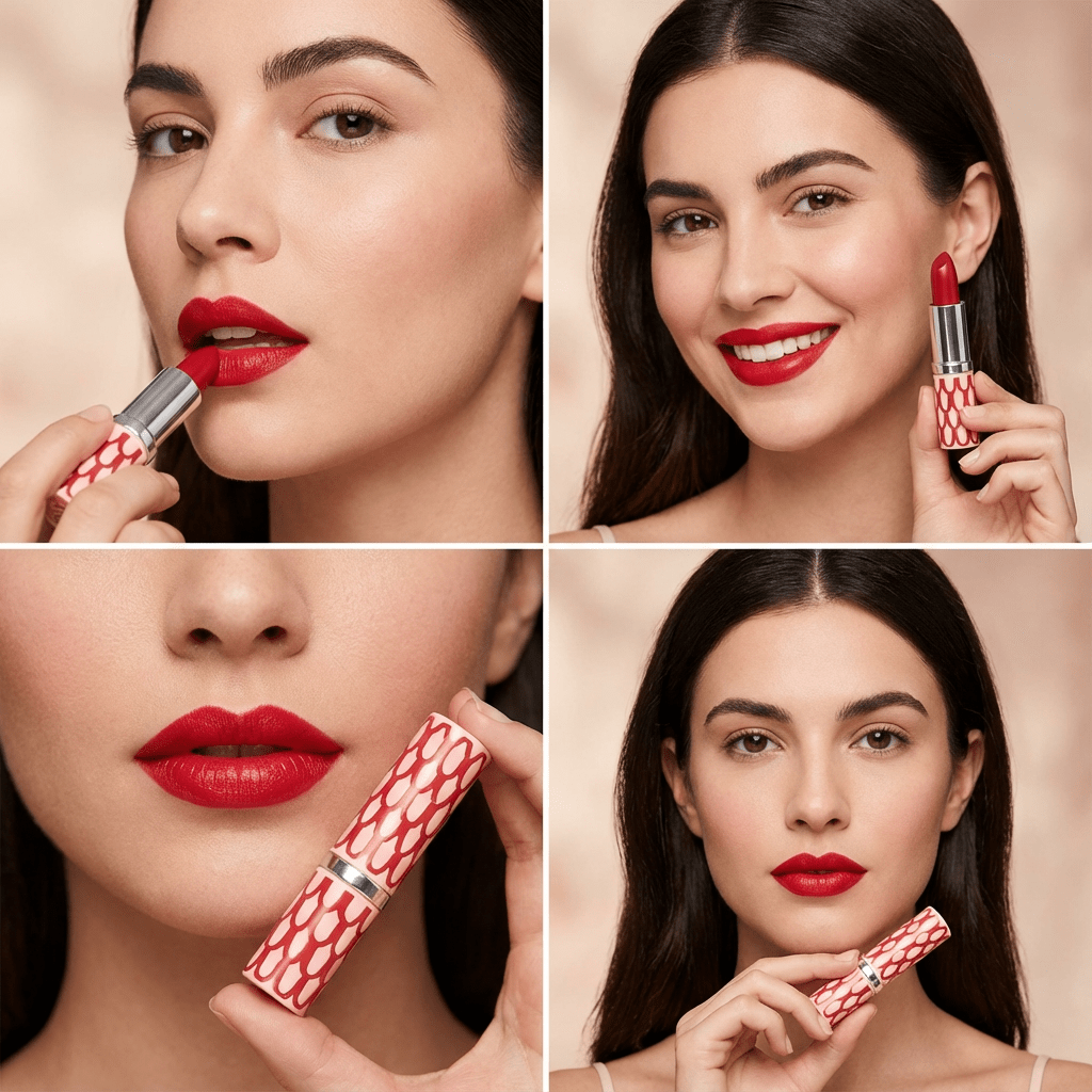 Woman applying red lipstick with a decorative case, set against a neutral background.