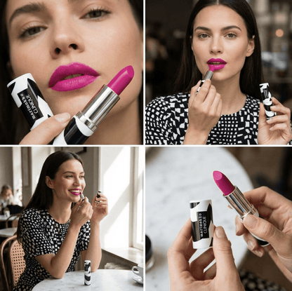 Collage of a woman applying pink lipstick with a close-up of the lipstick.