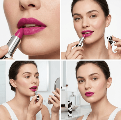 Woman applying pink lipstick with close-up details on a white background