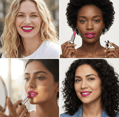 Collage of four women using pink lipstick with a neutral background