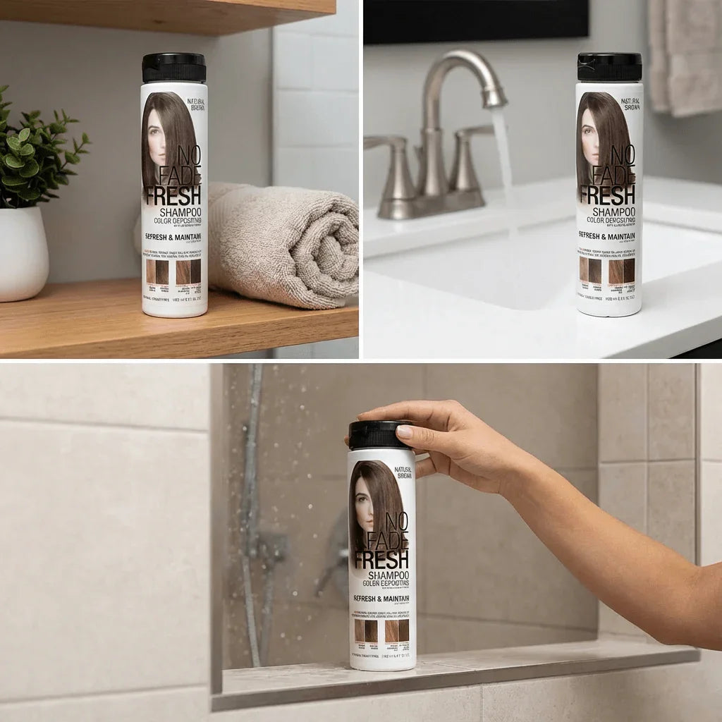 No Fade Fresh color depositing shampoo bottle for brown hair on bathroom surfaces