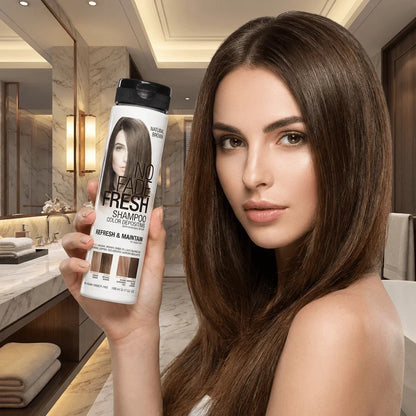 Woman with shiny brown hair holding No Fade Fresh color depositing shampoo bottle in bathroom