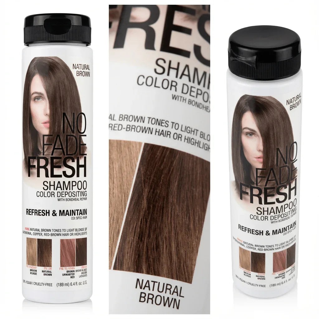 No Fade Fresh natural brown color depositing shampoo bottle with hair swatch and woman image