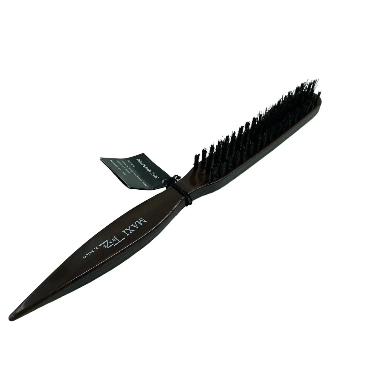Natural bristle styling hair brush with pointed handle on white background
