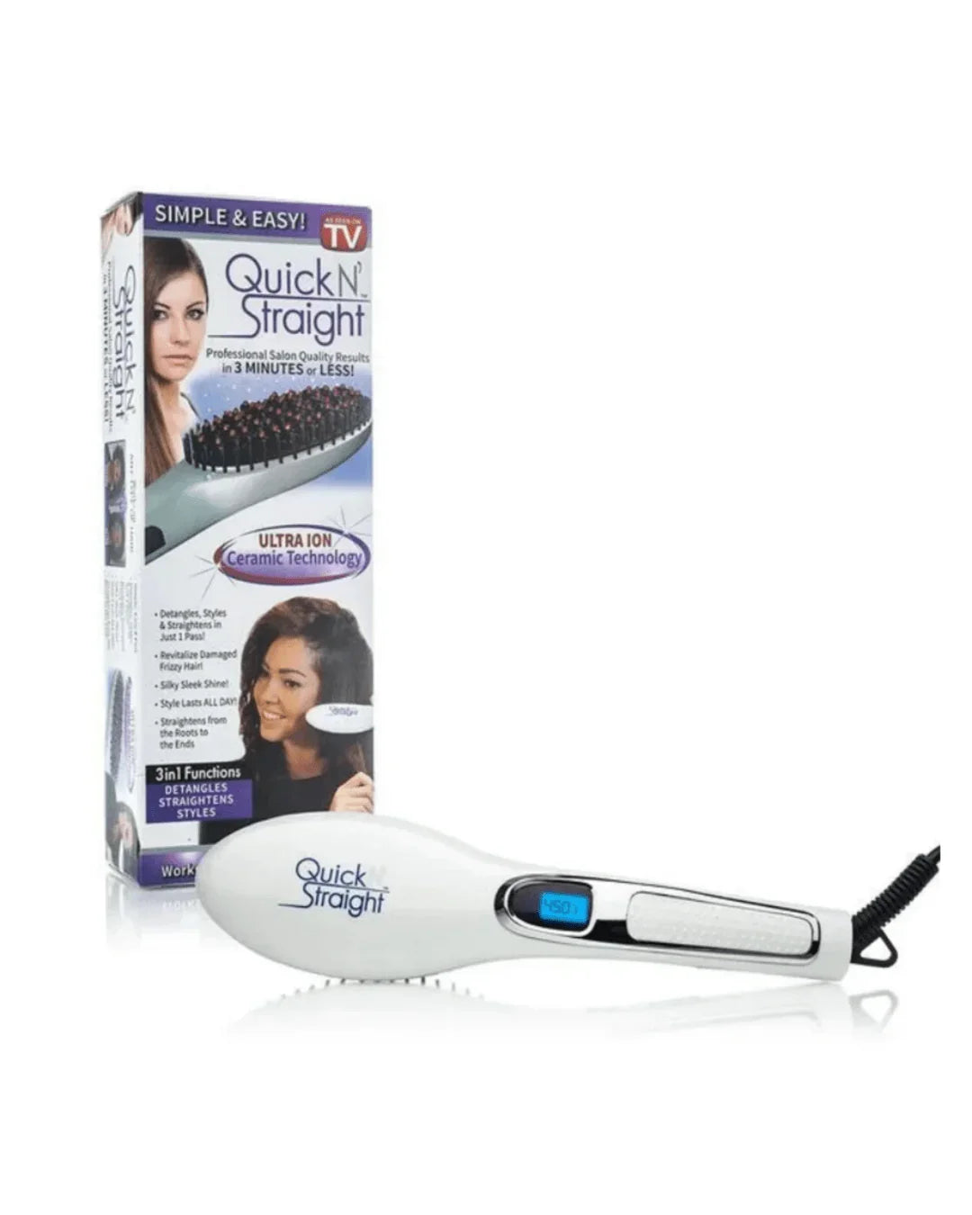 Quick N Straight ceramic ionic hair straightening brush with product packaging
