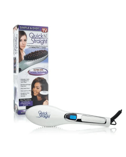 Quick N Straight ceramic ionic hair straightening brush with product packaging