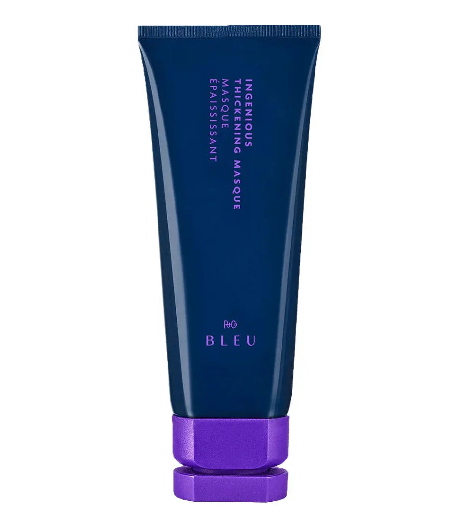 Blue and purple tube of hair thickening mask with product name on packaging