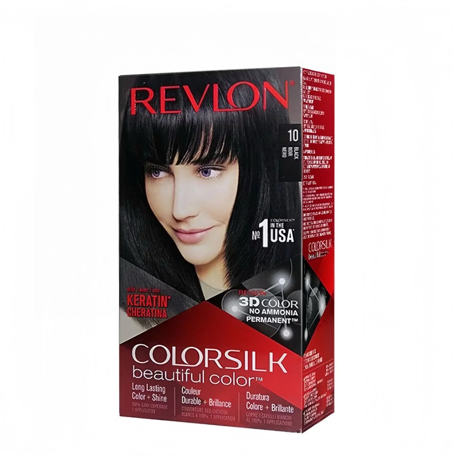 Revlon Colorsilk 10 black permanent hair dye box with model showing shiny black hair