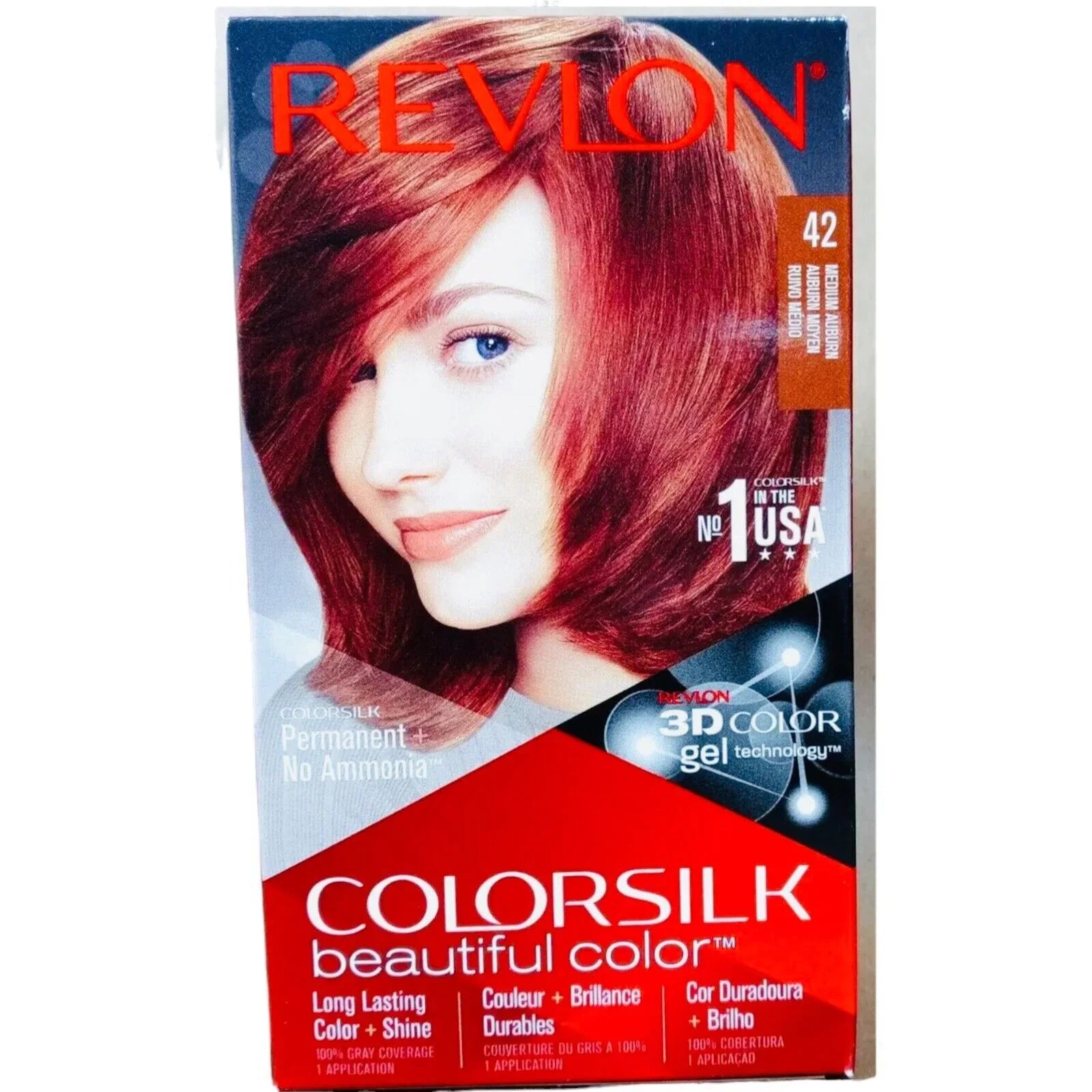Revlon Colorsilk 42 Medium Auburn hair dye box with model showing shiny red hair