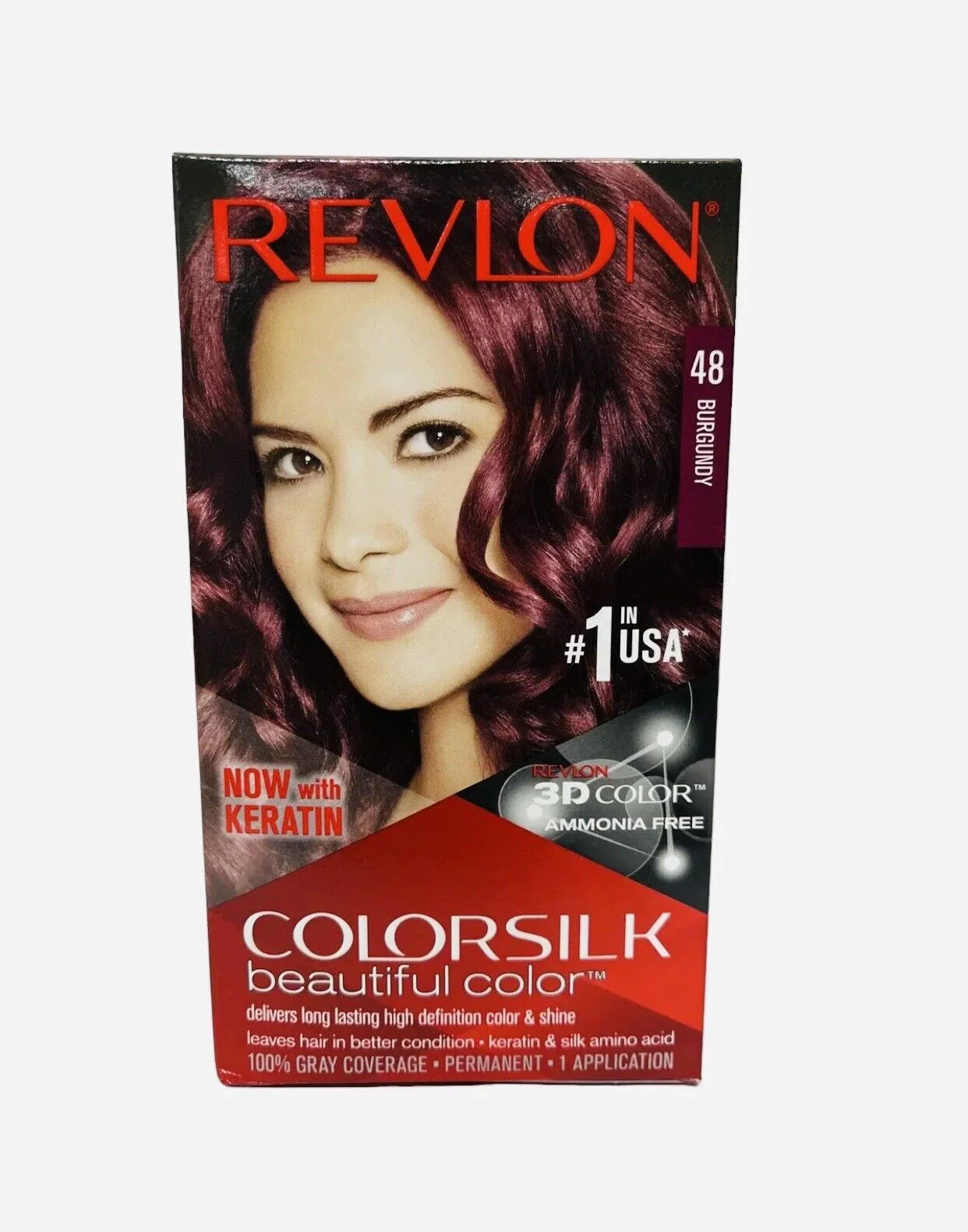 Revlon Colorsilk 48 Burgundy hair color box featuring a woman with burgundy wavy hair
